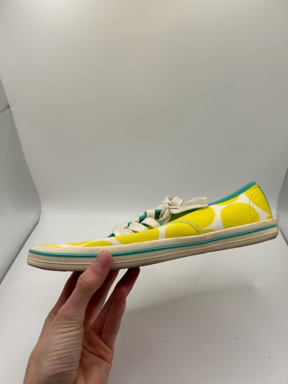 Boden Yellow Polka Dot Canvas Sneakers Teal Trim Women’s Size 37 EU / US 6 - Picture 13 of 14